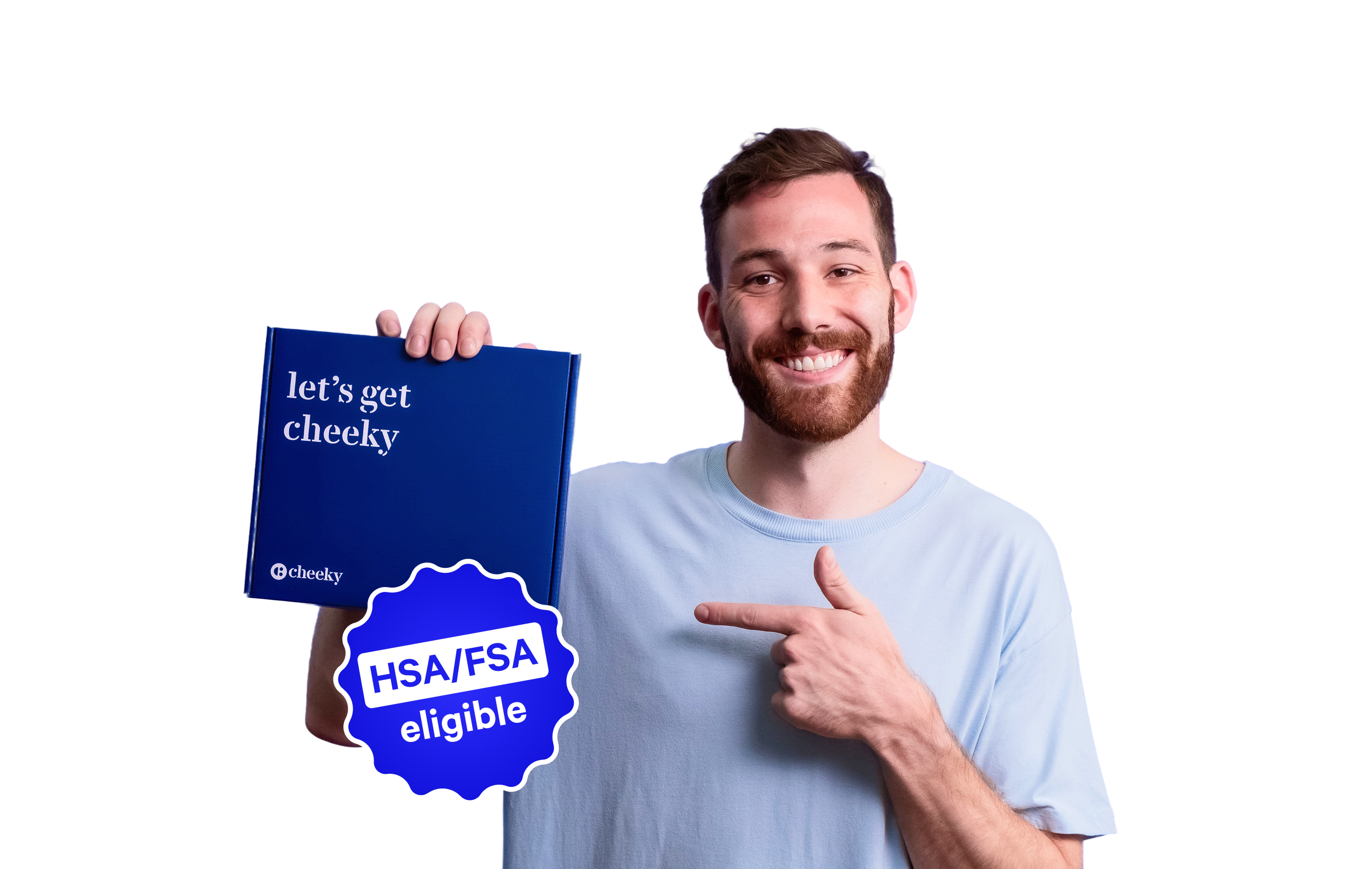 Man holding a blue book titled 'let's get cheeky' with a Cheeky branded logo, pointing to an HSA/FSA eligible badge on a white background.