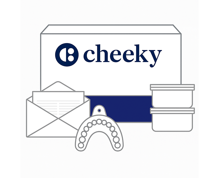 Cheeky logo with dental tools and an envelope on a white background