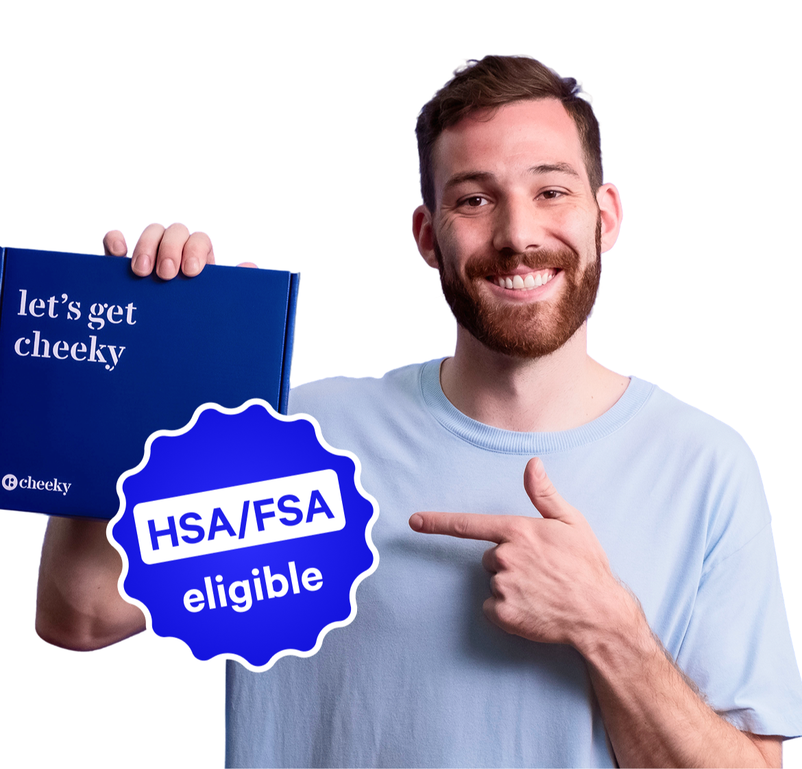 Man holding a blue box with 'let's get cheeky' text, pointing to an HSA/FSA eligible badge.
